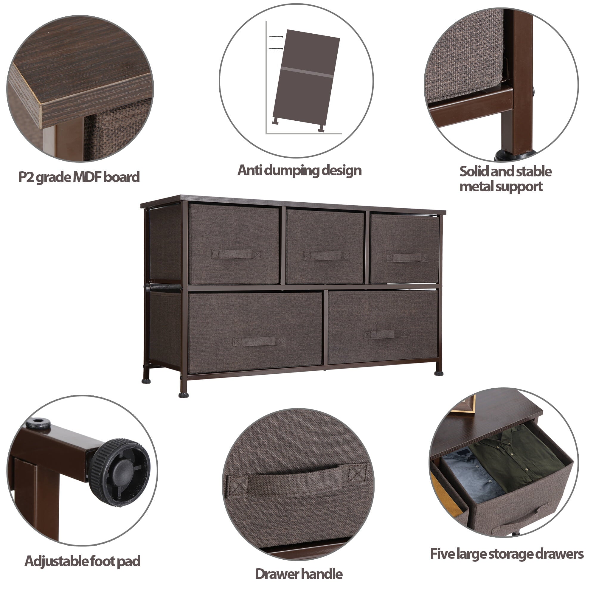 HomGarden Modern 2-Tier Storage Dresser W/5-Drawers, Wide Chest Fabric Organizer Furniture Brown