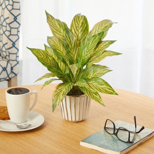 14 Musa Leaf Artificial Plant in White Planter with Silver Trimming