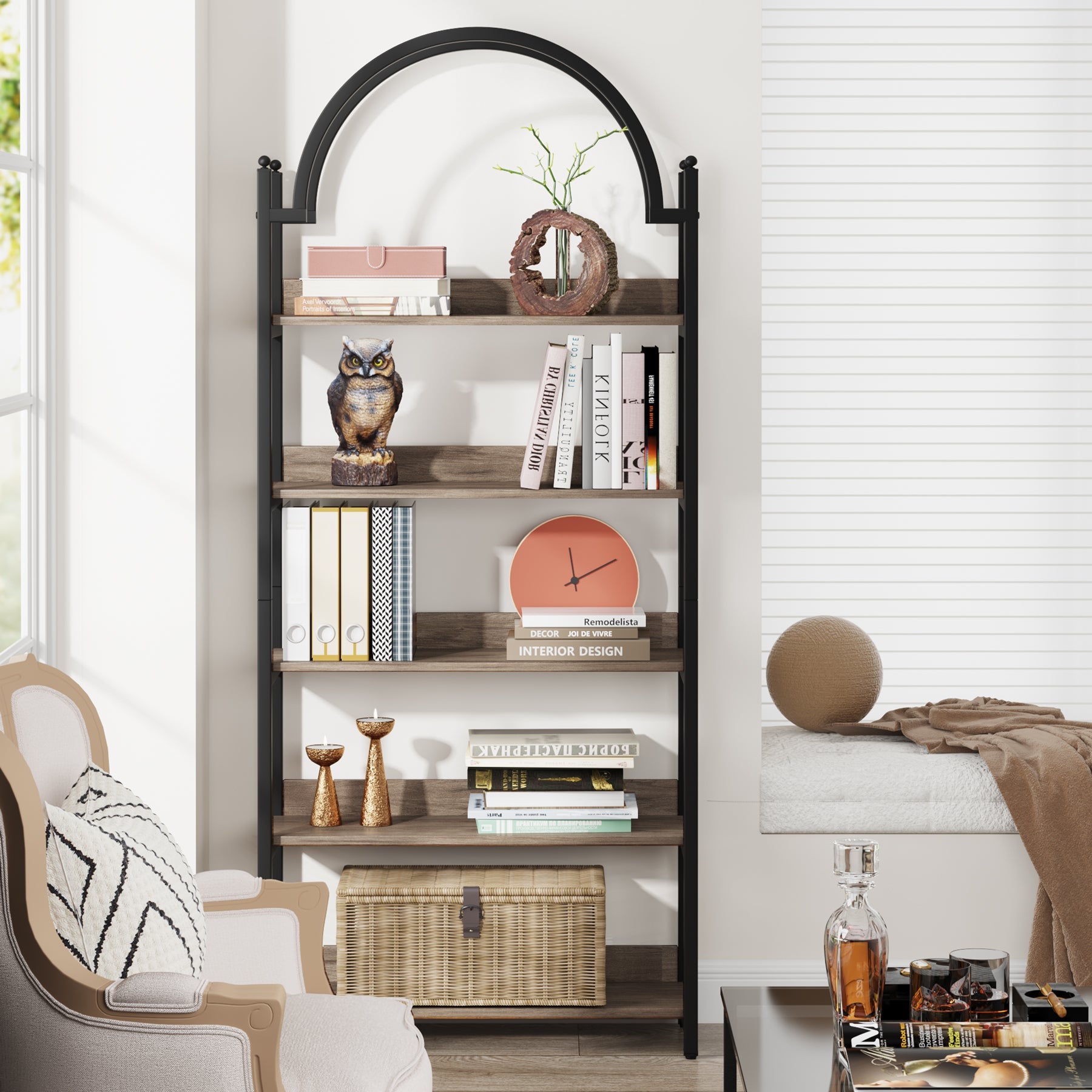 5-Shelf Bookshelf, 72.44 Arched Etagere Open Bookcase