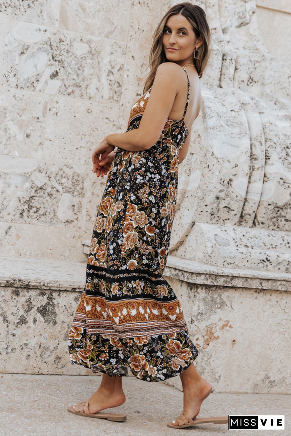 Black Retro Boho Floral Tassel Tie Maxi Dress