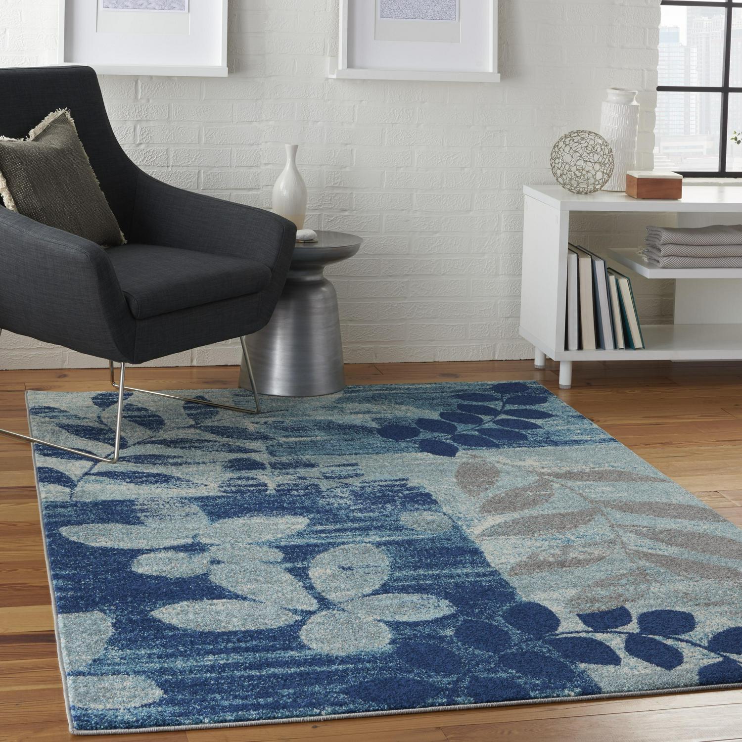 Serene Modern Botanical Navy/Light Blue 53 x 73 Area Rug， (5and#8242; x 7and#8242;)