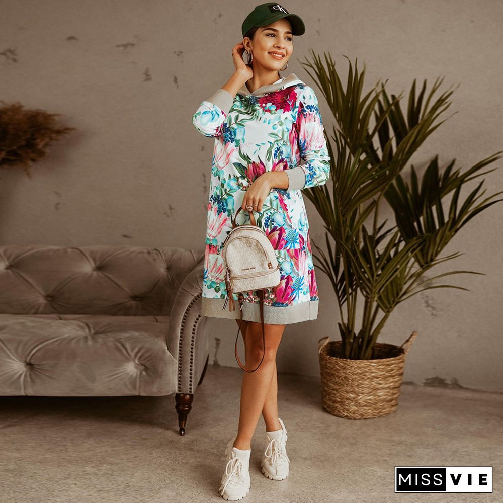 Casual 3/4 Sleeve Floral Hoodie Mini Sweatshirt Dress