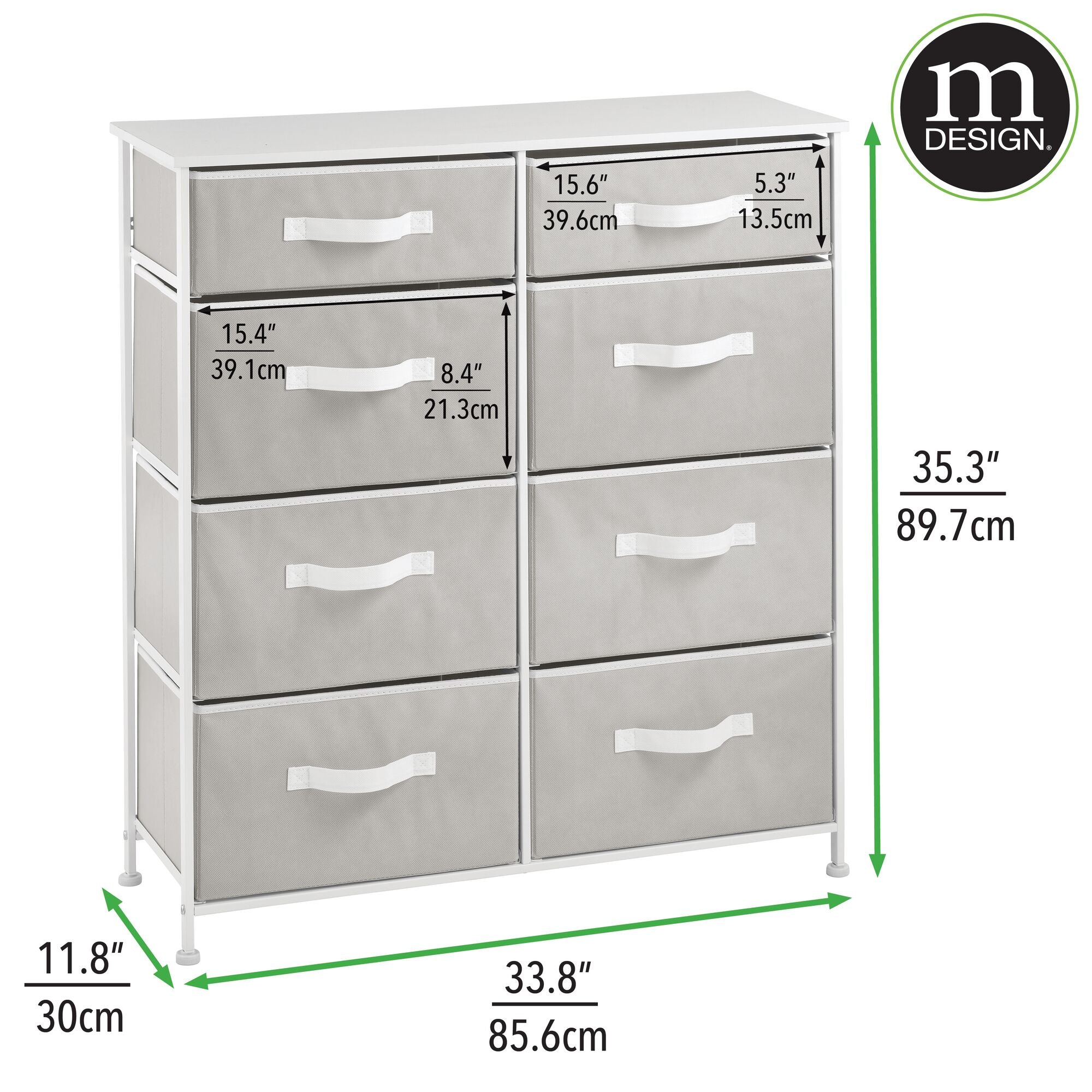 mDesign Tall Steel Frame/Wood Top Storage Dresser Furniture with 8 Slim Fabric Drawers, Large Bureau Organizer for Baby, Kid, Teen Bedroom, Nursery, Playroom, Dorm - Jane Collection, Light Gray/White