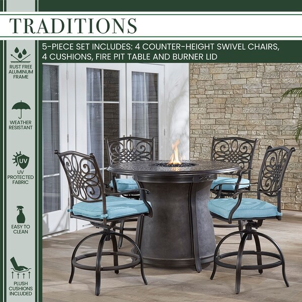 Hanover Traditions 5Piece HighDining Set with 4 Swivel Chairs and a 40，000 BTU Casttop Fire Pit Table