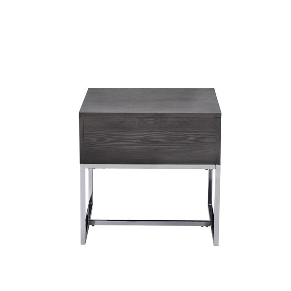 Wooden End Table with Tubular Metal Base and Spacious Drawer， Gray and Silver