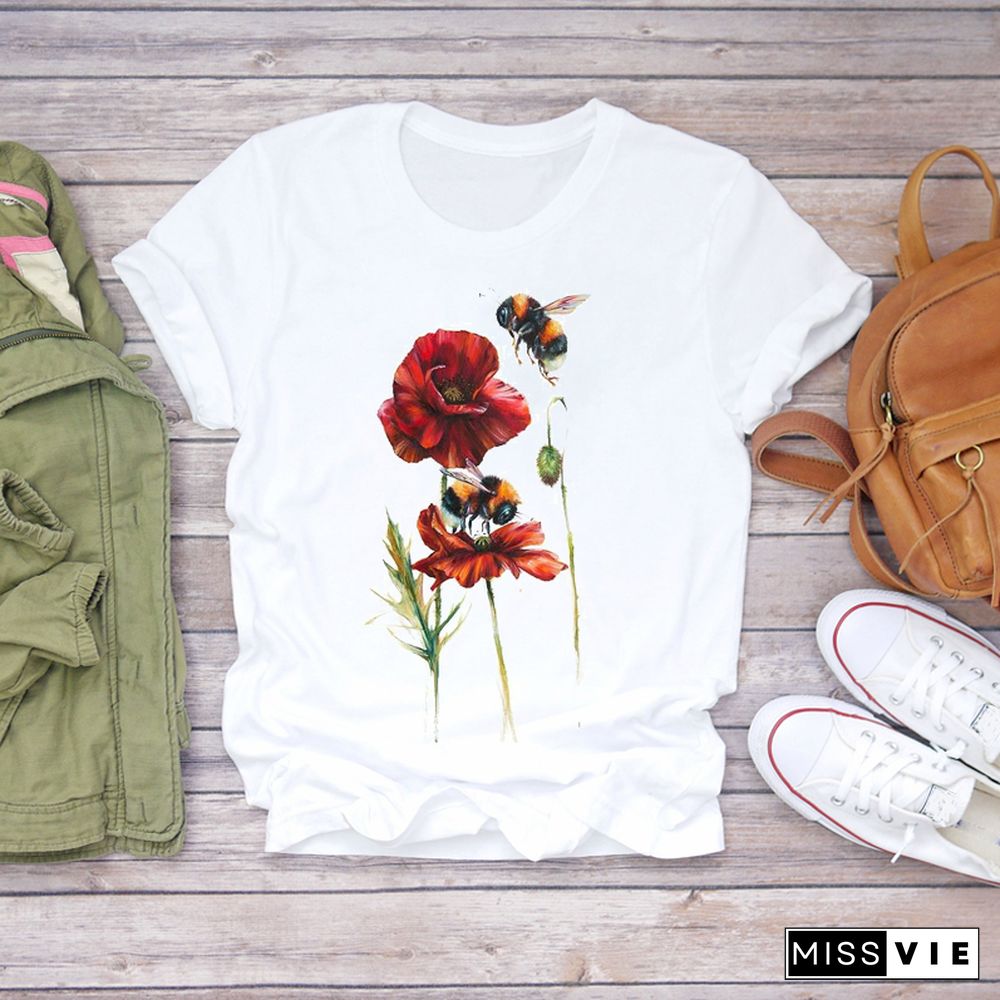 Women T-shirts Bee Flower Watercolor Short Sleeve 90s Trend Ladies Print Lady Womens Graphic T Top Shirt Female Tee T-Shirt