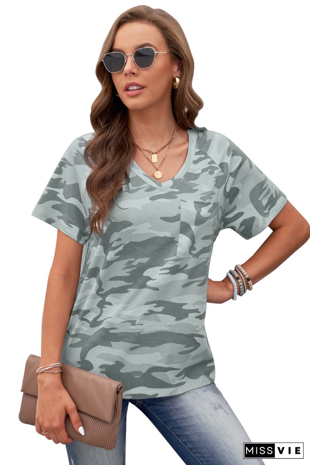 Green V Neck Front Pocket Camo Tee