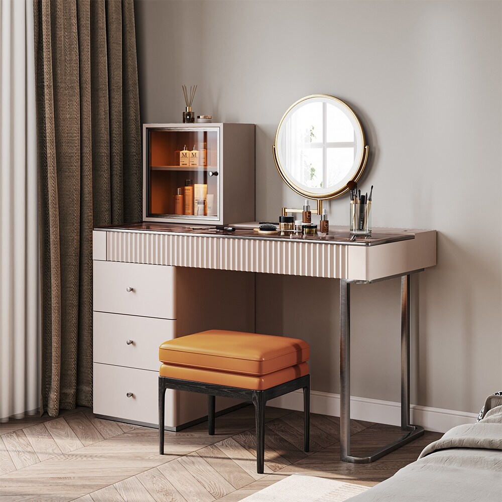 Modern Wood Makeup Vanity Table with LED Lighted Mirror  Dressing Table with PU Leather Stool  5 Drawers