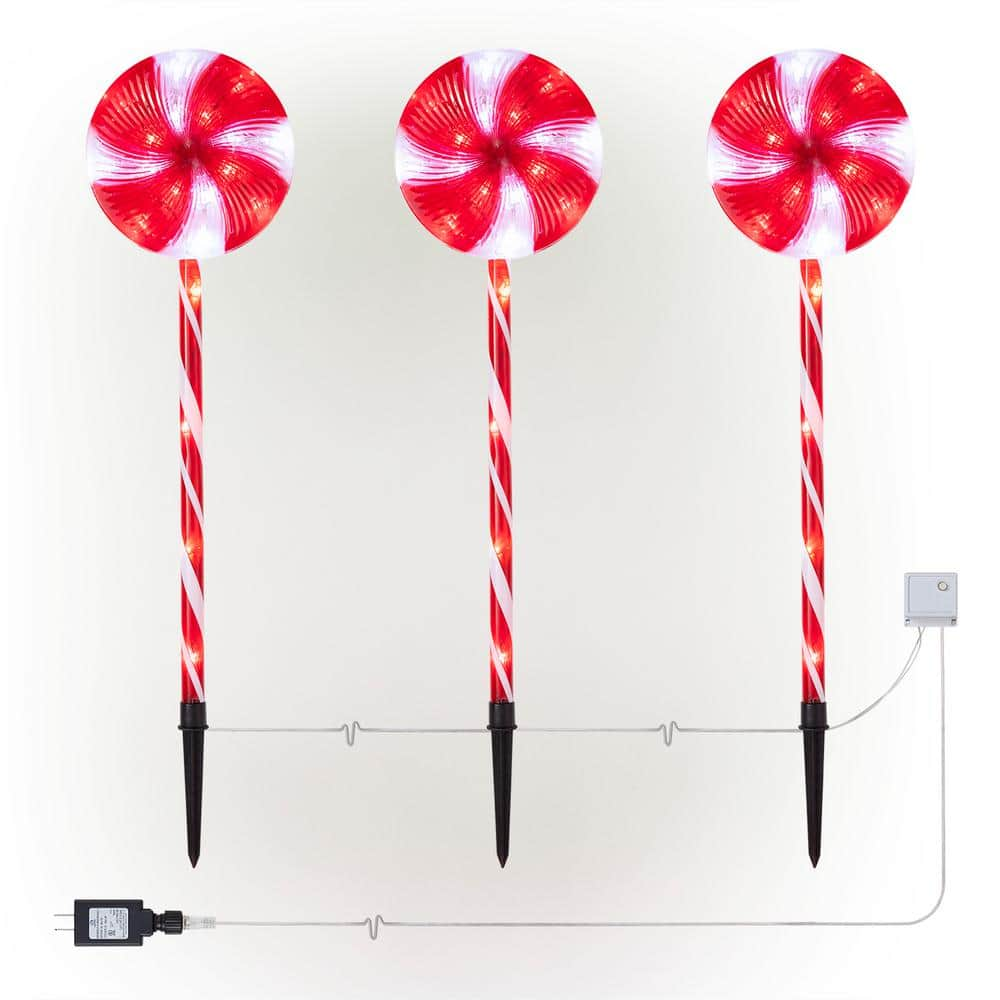 Alpine Corporation 28 in. Tall Candy Cane Pathway with Red and White LED Lights, Set of 3 COR114T-3