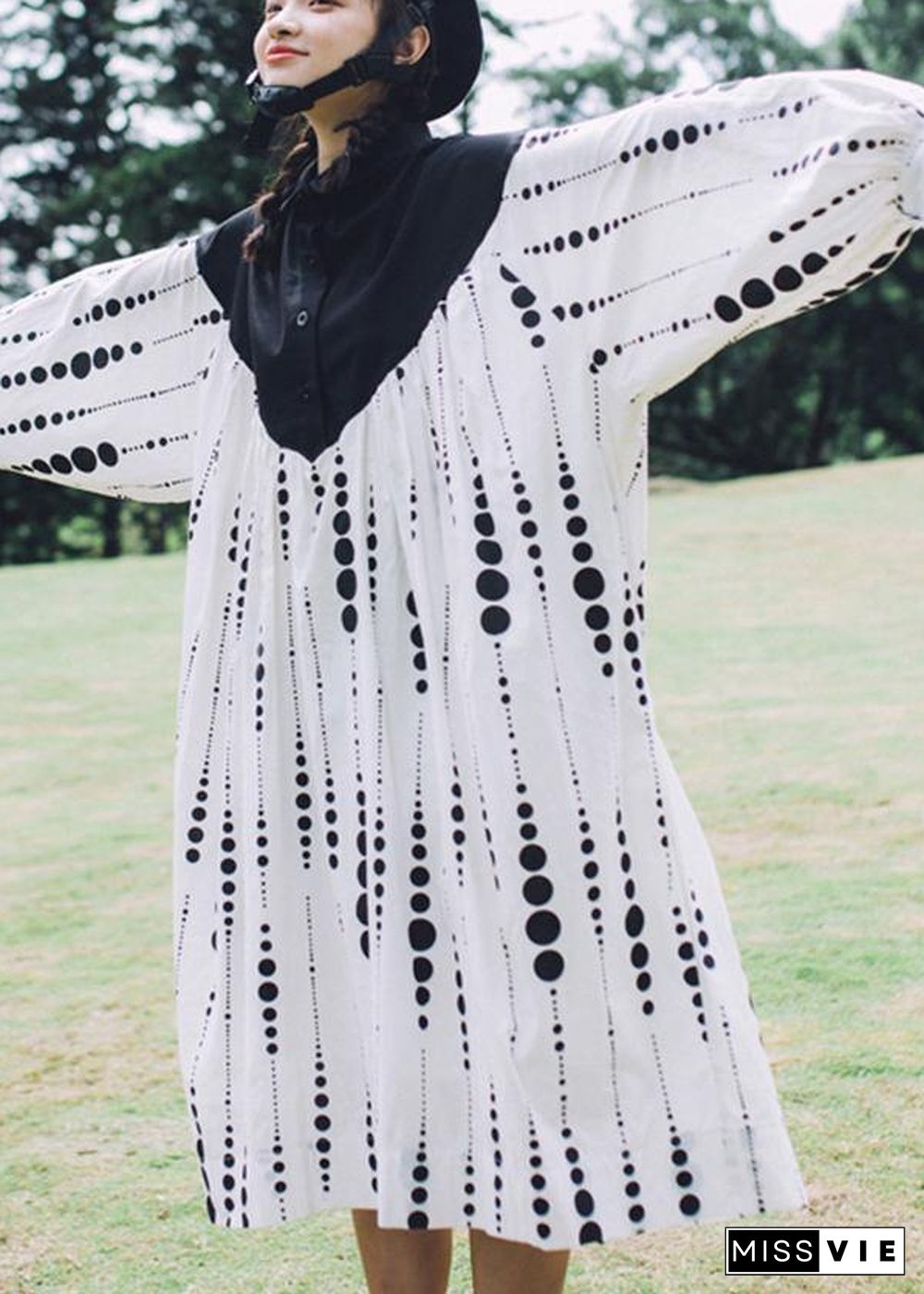 Black White Dot Circle Peter Pan Collar Cotton Long sleeve Dress