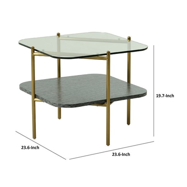 Cid Troy 24 Inch Modern 2 Tier End Table， Glass Top， Gold Metal Legs， Gray