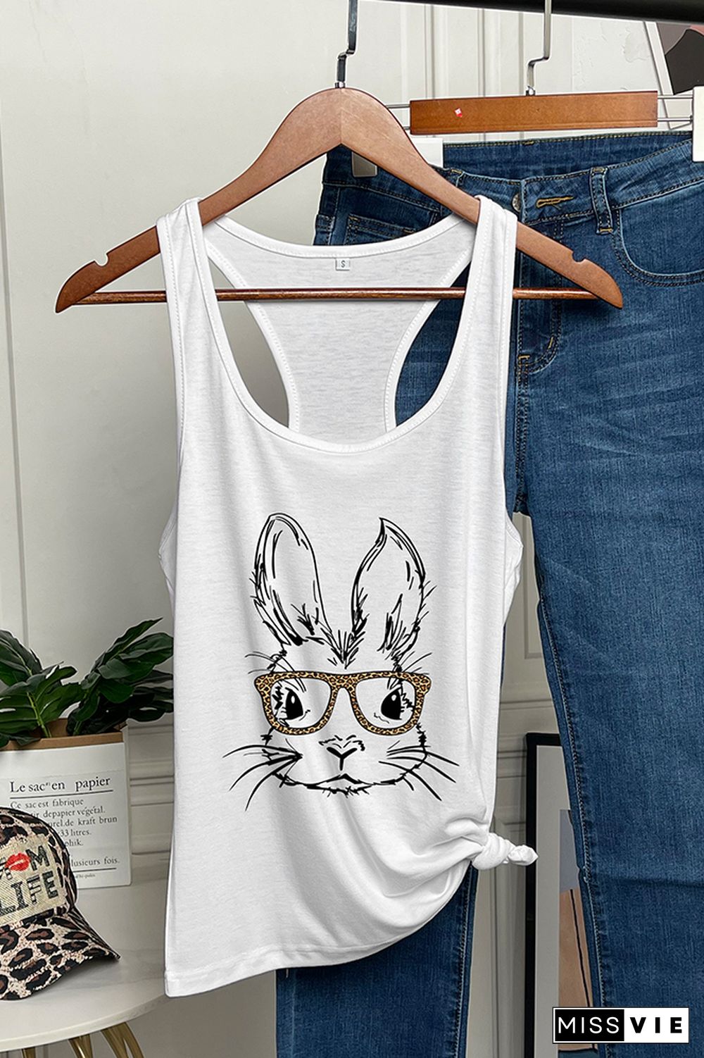 Easter Bunny With Glasses Printed Sleeveless Tank Top Wholesale