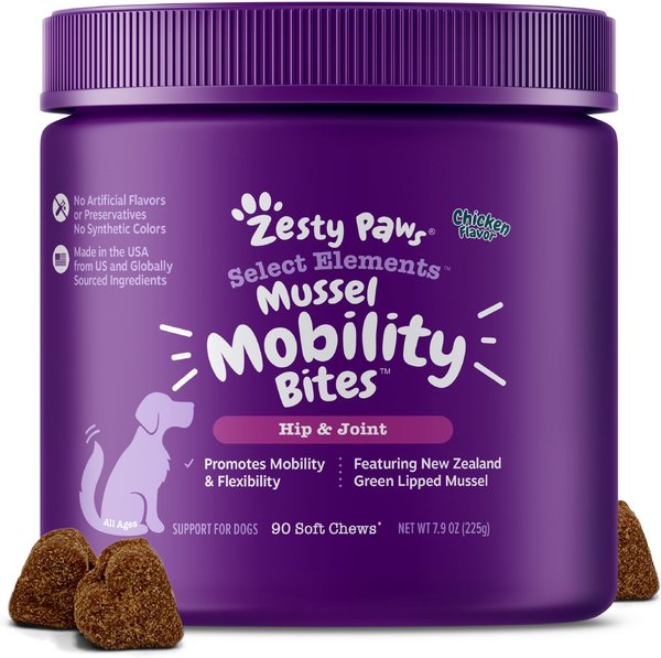 Zesty Paws Select Elements Mussel Mobility Bites Chicken Flavored Soft Chews Hip and Joint Supplement for Dogs， 90 count