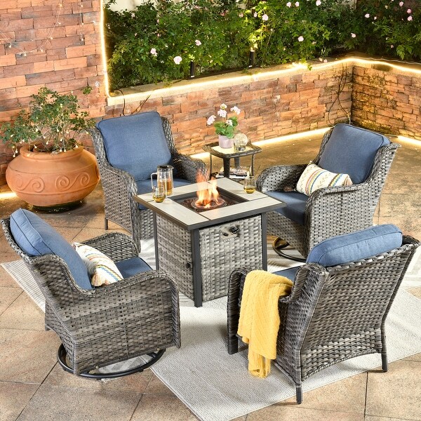 OVIOS Grey Wicker 6piece Patio Furniture Set Swivel Rocking Chair With Fire Pit