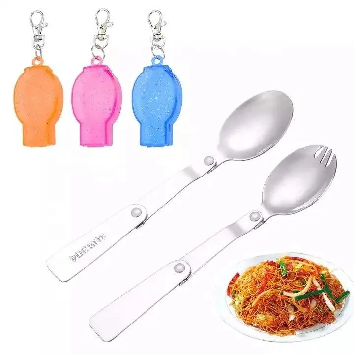 Johold Outdoor Folding Stainless Steel Hiking Camping Spoon with Plastic Gift Box Package Spoon Key Chain