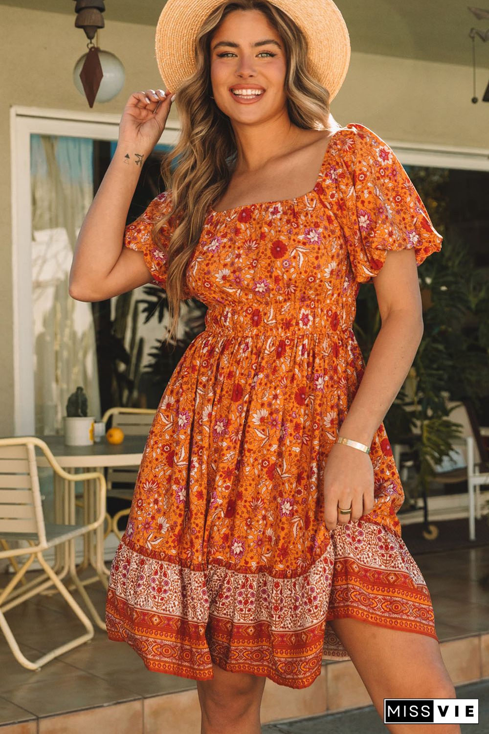 Orange Square Neck Puff Sleeves Flowy Floral Dress