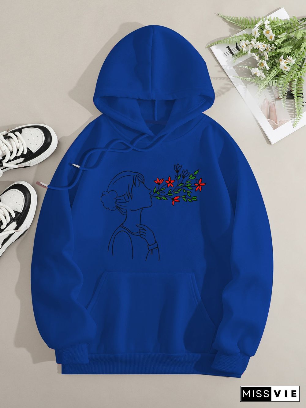 Printed on front Kangaroo Pocket Hoodie Long Sleeve for Women Pattern Seeing with Flowers