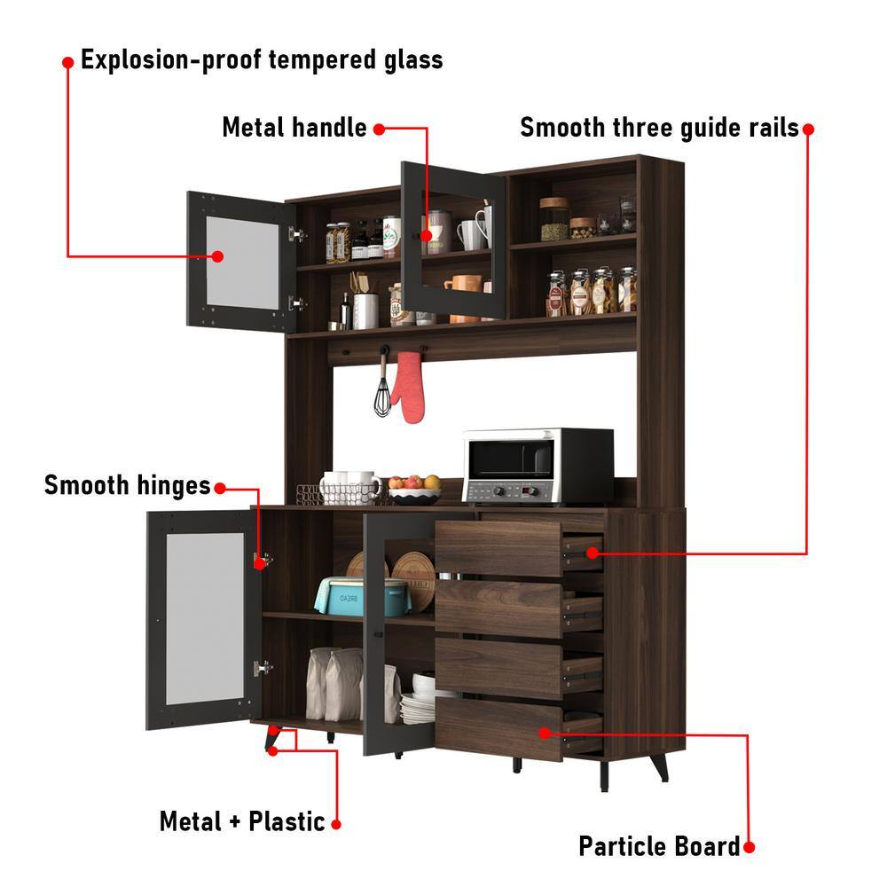 FUFUGAGA 63 in. L Brown Wood Buffet Sideboard Pantry Cabinet with 4-Drawers Hooks Open Shelves Doors for Kitchen Dining Room KF210128-023