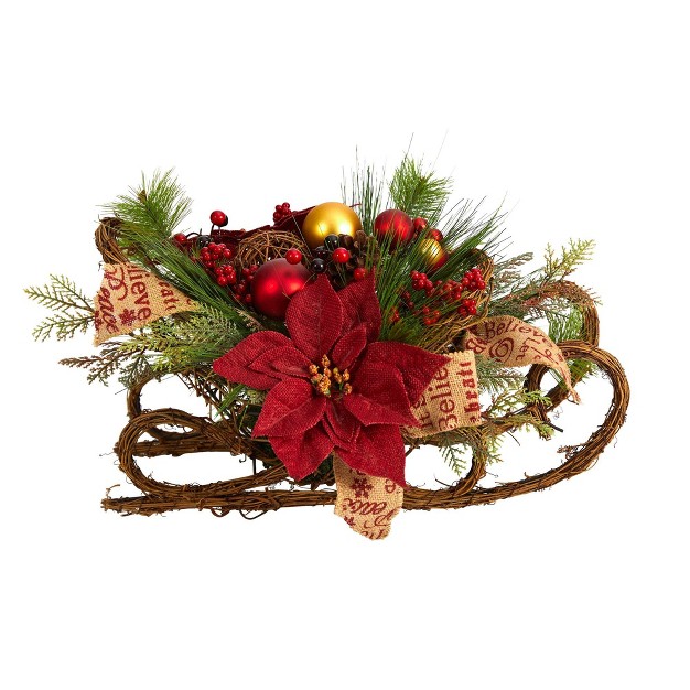 Nearly Natural 18-in Christmas Sleigh With Poinsettia， Berries And Pinecone Artificial Arrangement With Ornaments