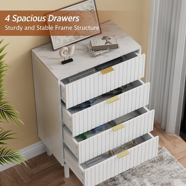 4 Drawers Chest Of Dresser Storage Imitation Marble Texture Tower Cabinet Bedroom Organizer - - 37353993