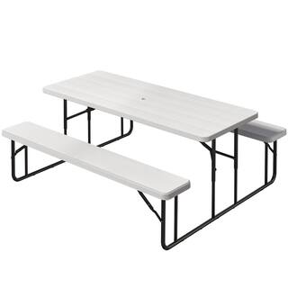 DEXTRUS 6 ft. White Rectangular HDPE Picnic Table and Bench with Umbrella Hole HDLPT0003179AV