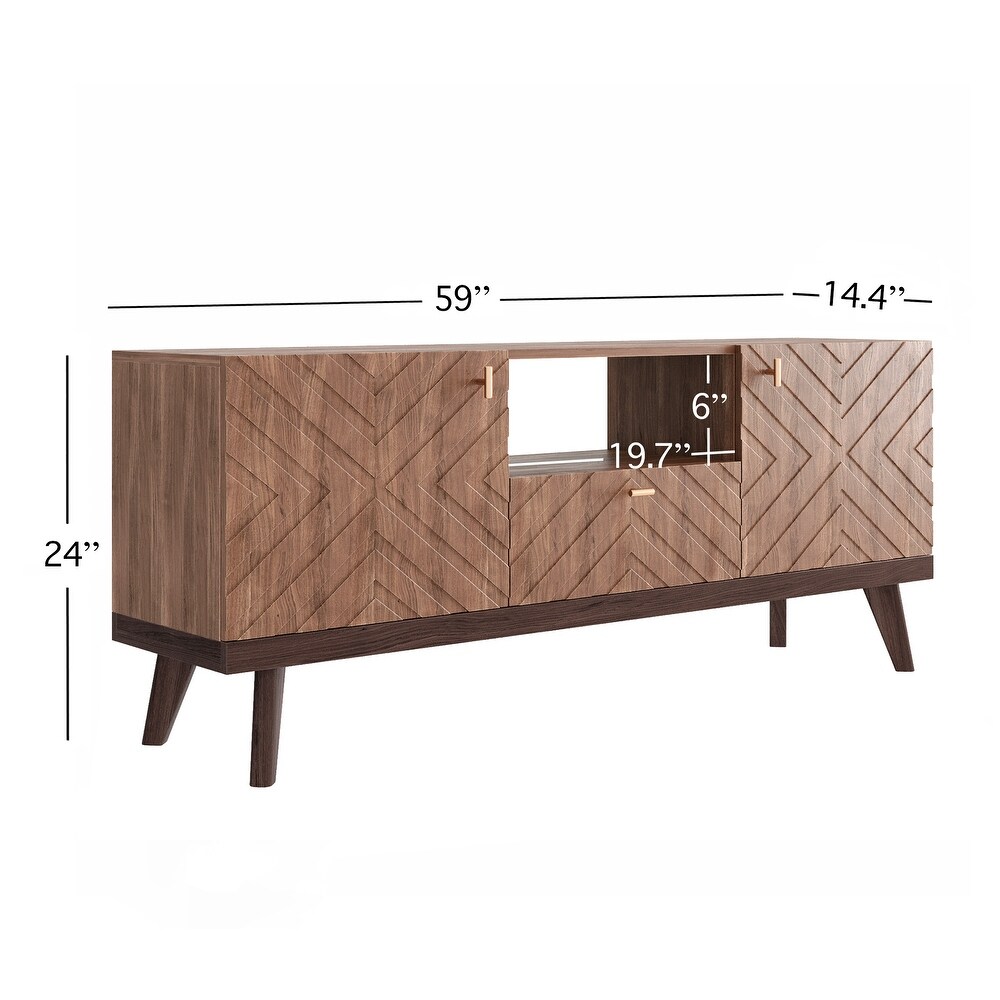 Living Skog Alba Beige TV Stand Console with Drawer Fits TV's up to 65 in. with Wood Legs Mid Century Modern Design