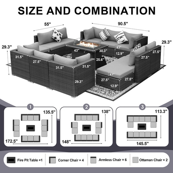 Nicesoul Outdoor Grey Wicker Sectional Furniture Patio Sofa Set with Firepit Table