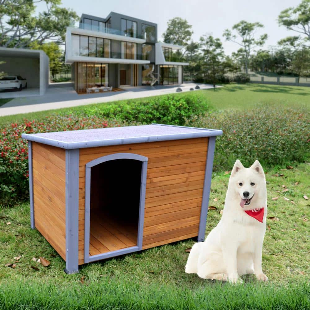 Runesay Natural Dog House Outdoor and Indoor Heated Wooden Dog Kennel for Winter with Raised Feet Weatherproof for Large Dogs HOUSE-DOG-03