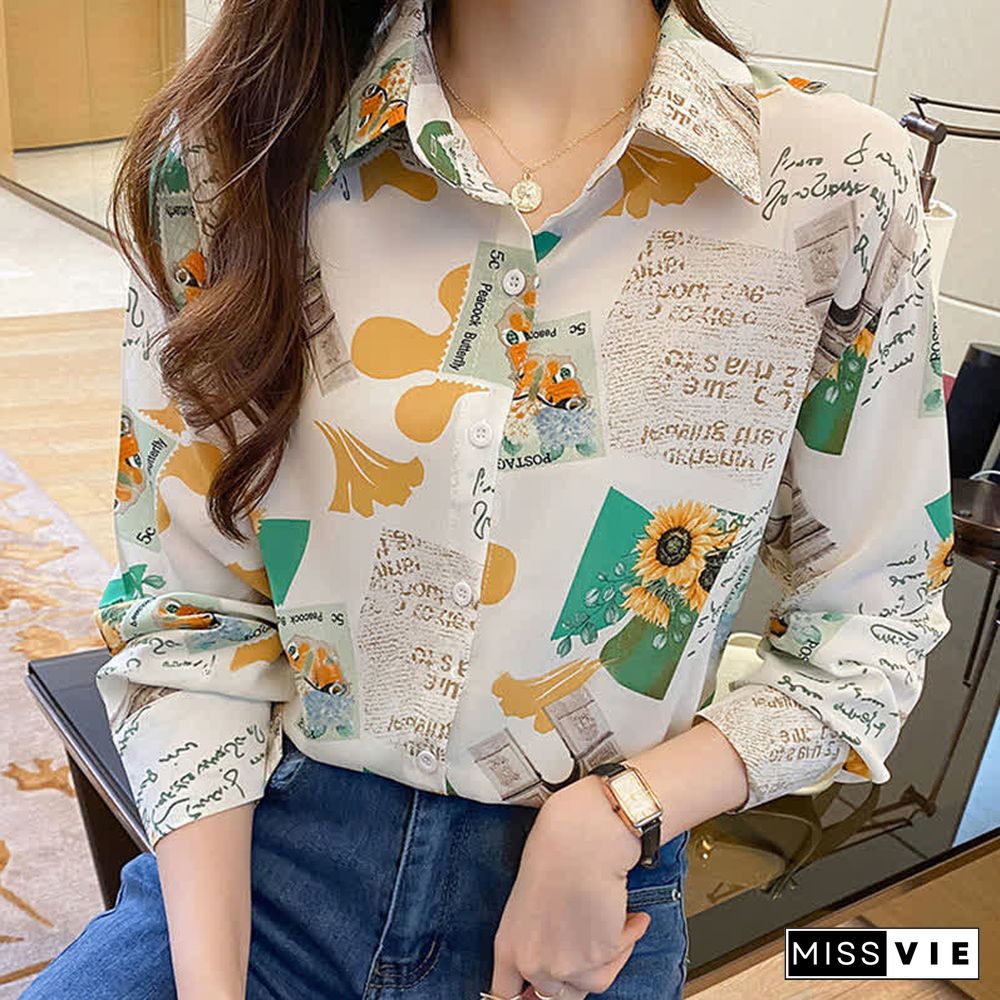 Vintage Floral Letter Print Long Sleeve Chiffon Shirt Workwear