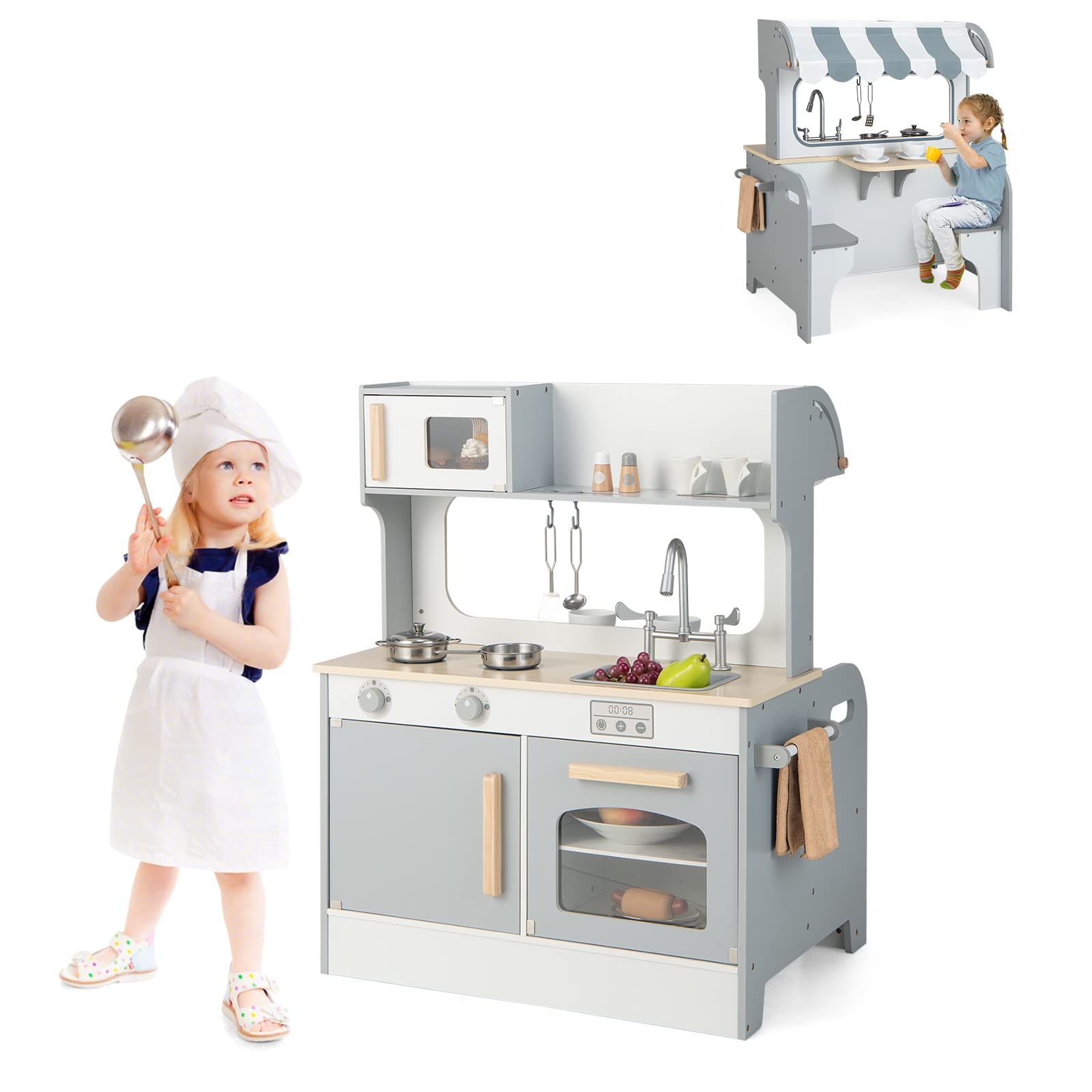 Costzon 2 in 1 Kids Kitchen Playset, Double-Sided Pretend Cooking Eating Play Kitchen with Coffee Table Set