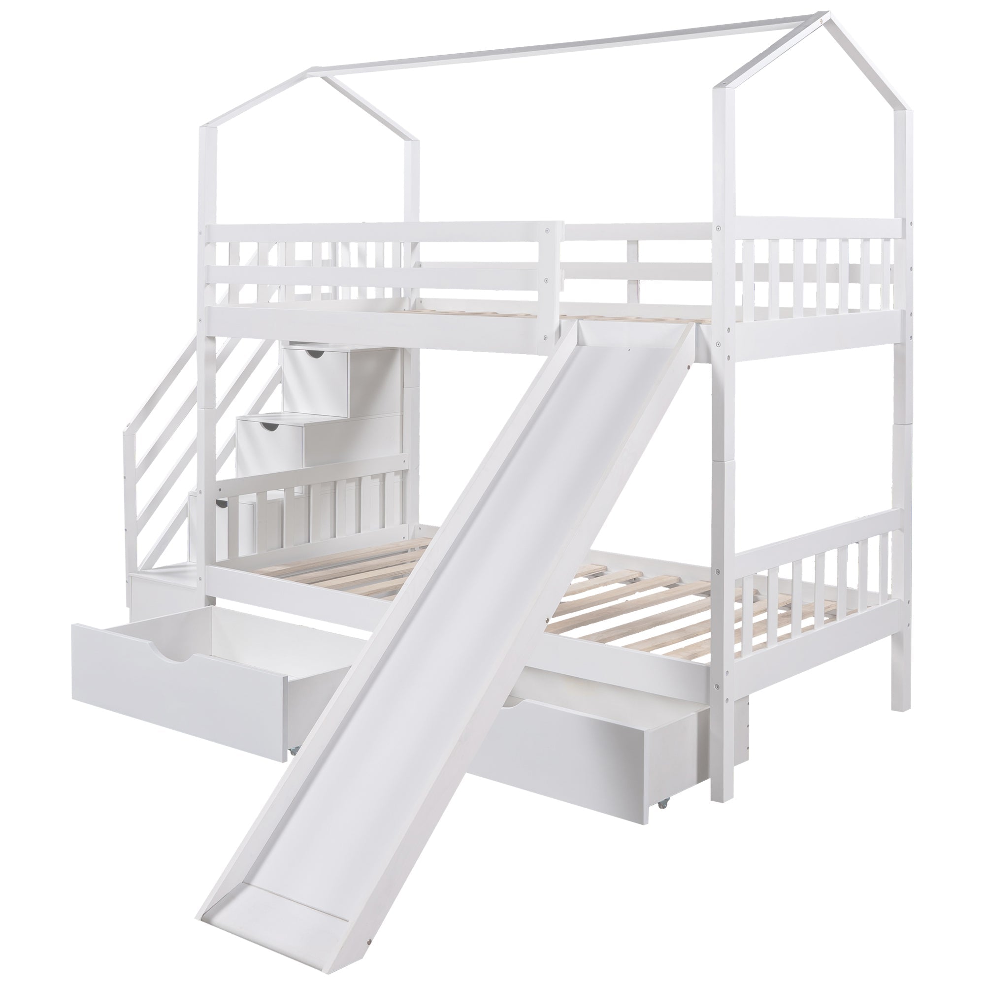 Euroco Twin House Bunk Bed with Storage for Kids, White