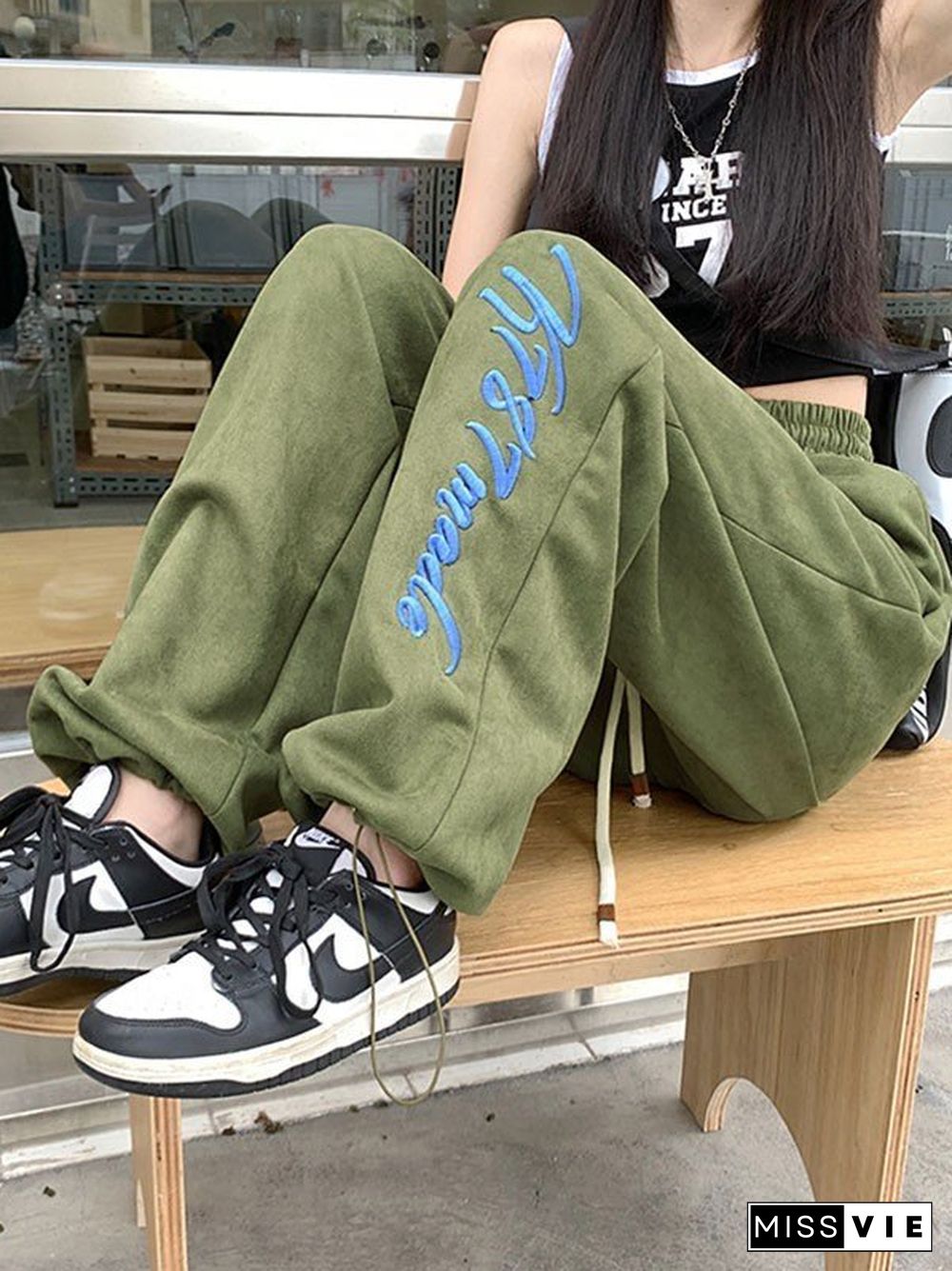 Embroidery Faux Suede Baggy Sweatpants