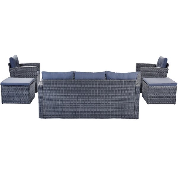 6Piece Patio Outdoor Conversation Set，AllWeather PE Rattan Sectional Sofa with Coffee Table and Ottomans