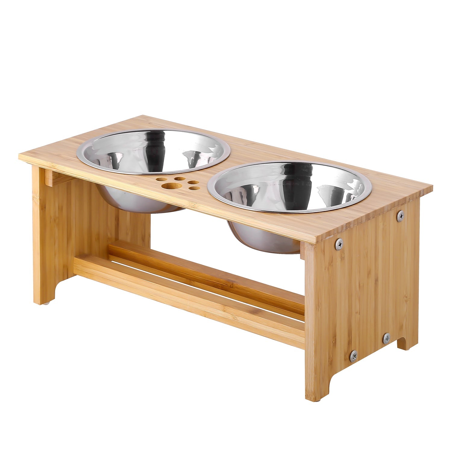 YY FOREYY Raised Pet Bowls for Cats and Small Dogs, Bamboo Elevated Dog Cat Food and Water Bowls Stand Feeder with 2 Stainless Steel Bowls and Anti Slip Feet(7'' Tall)