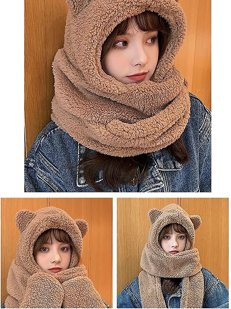 Winter Warm Plush Cute Animal Hats Hooded Scarf 2 In 1 Women Hat And Scarf Set Soft Ear Flap Cap Khaki -