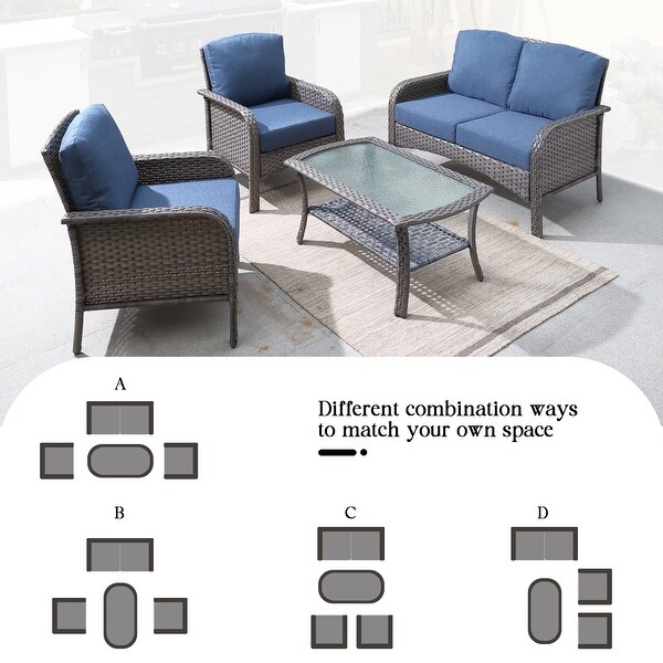 HOOOWOOO Outdoor 4piece Wicker Conversation Sofa Set with Glass Coffee Table