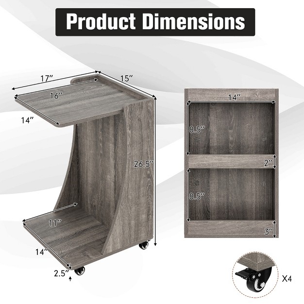 Costway Side Table With Rolling Casters Mobile C shaped End Table With 2 tier Open Storage Shelf amp 2 Back Storage Compartments Brown grey