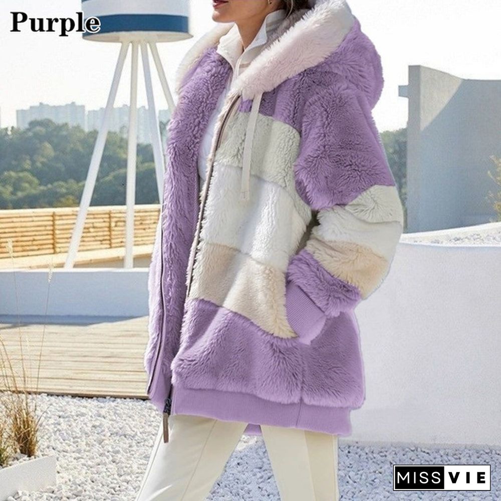 New Winter Women's Jacket Hooded Warm Plush Loose Jacket for Women Patchwork Winter Outerwear Faux Fur Zipper Ladies Parka Coat Plus Size