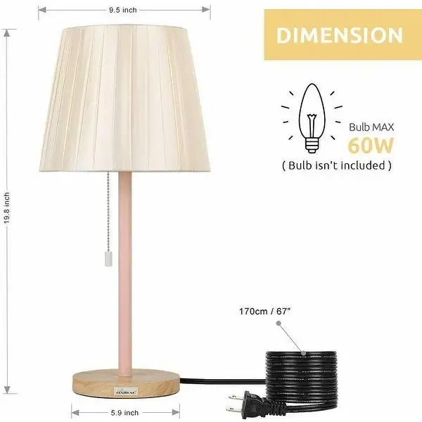 Oumilen Two Set Pink Vintage Wooden Base Pull Chain Table Reading Lamp