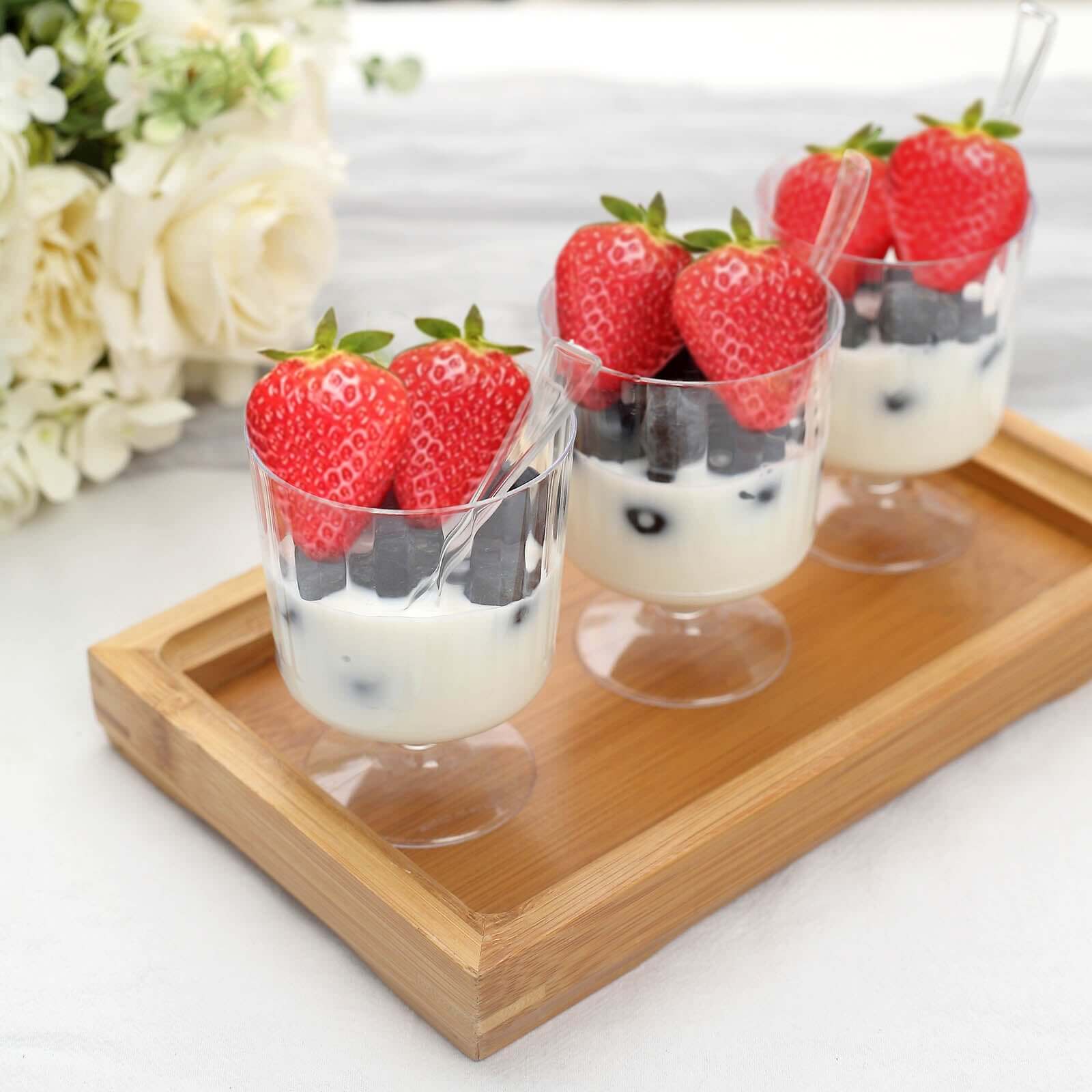 24 Pack Clear Mini Ribbed Pedestal Plastic Dessert Cups With Spoons, Disposable Snack Cup Spoon Sets 5oz