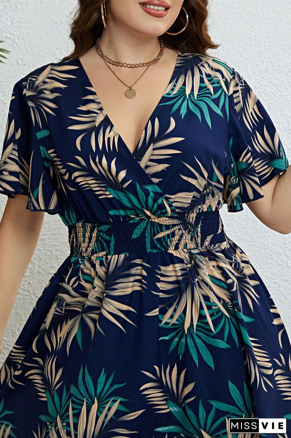 Casual Print Patchwork V Neck Short Sleeve Dress Plus Size Dresses