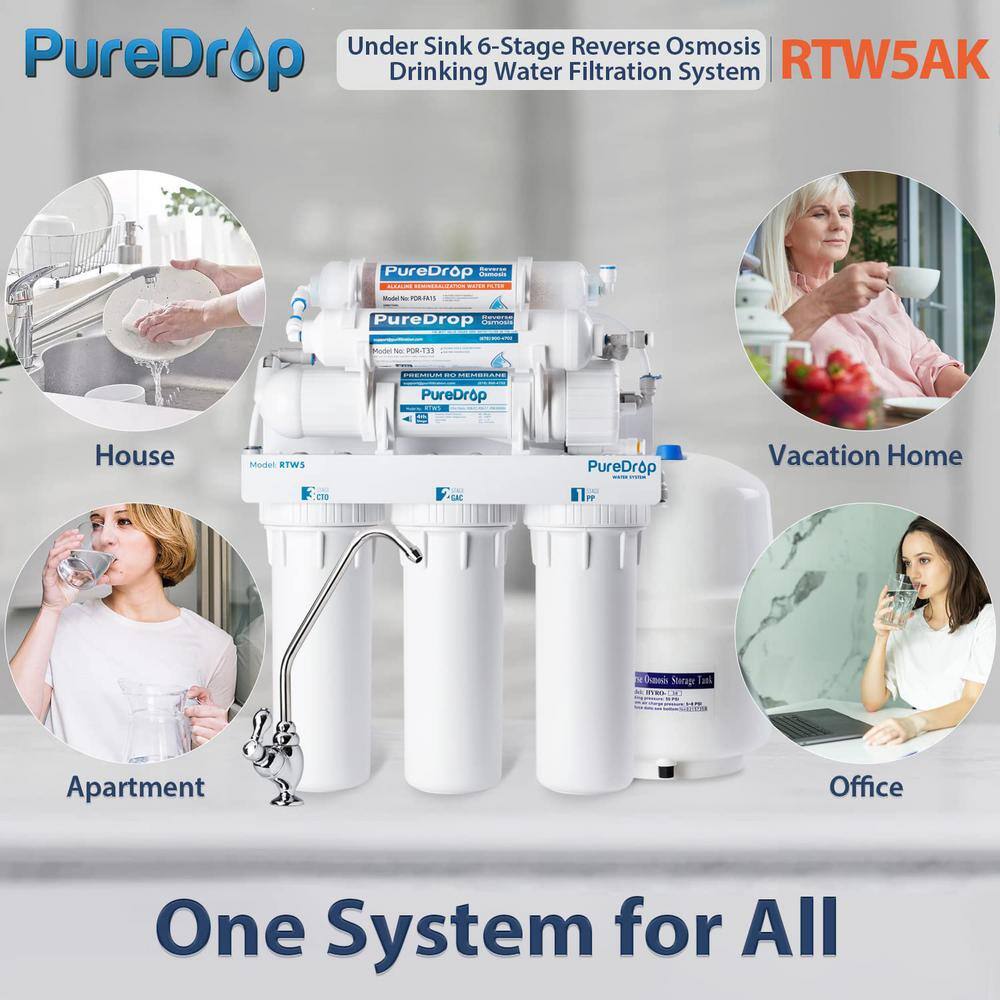 PureDrop RTW5AK Reverse Osmosis Alkaline Water Filtration System 6 Stage pH+ Alkaline Remineralization Under Sink with Faucet RTW5AK