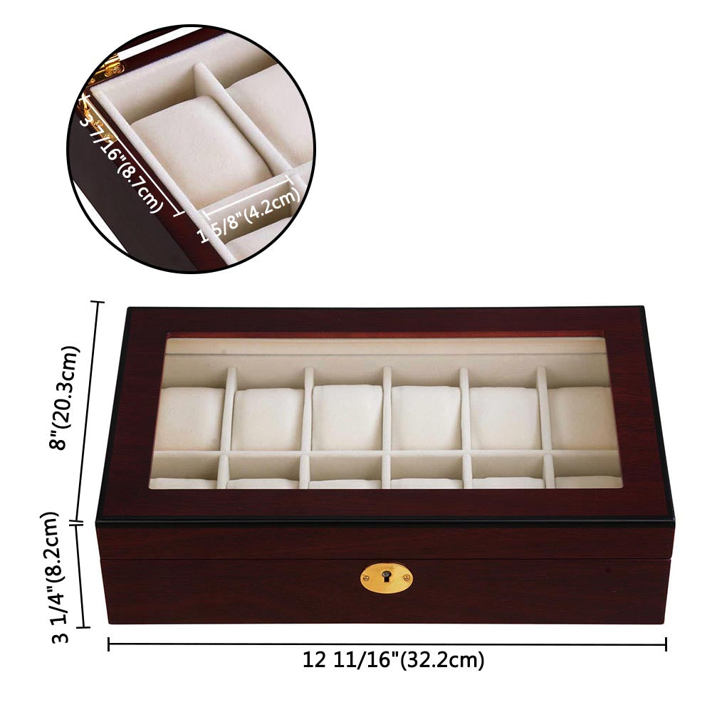 12-Slot Walnut Matte Finish Wood Watch Display Case