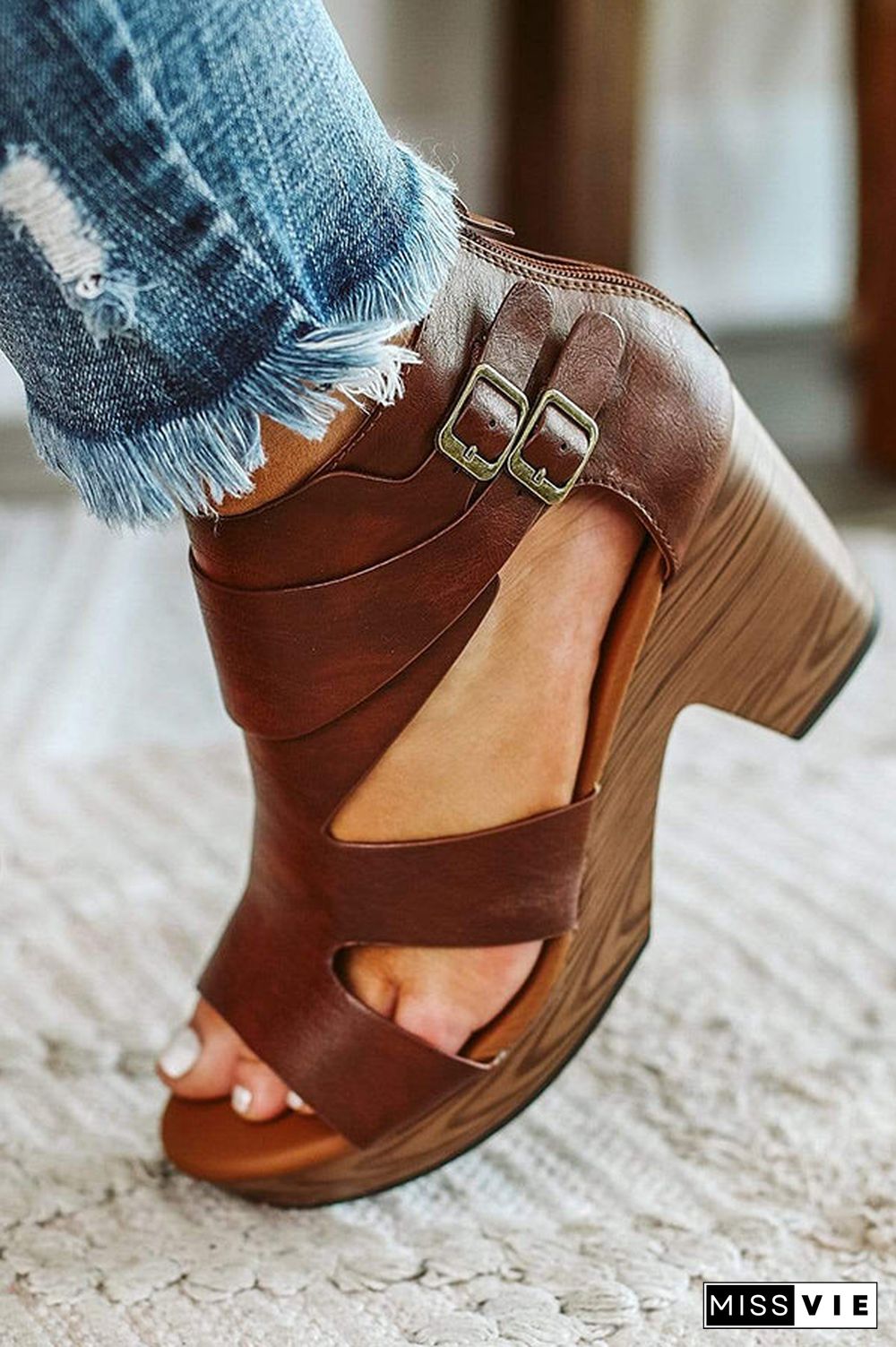 Chunky Heels Buckle Zipper Wedge Sandals