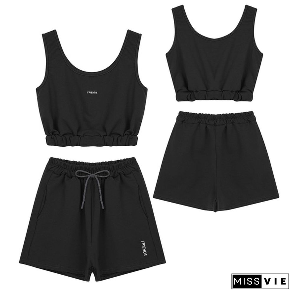 Women's Workout Outfit 2 Pieces Sports Suits High Waist Yoga Shorts Sleeveless Crop Top Gym Clothes Set