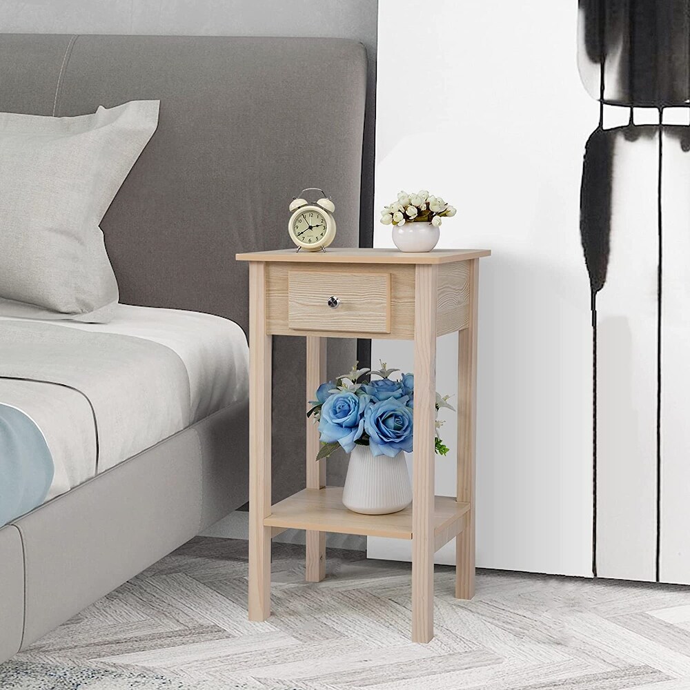 2 Layer High Leg Nightstand with Storage Shelf and Drawers Natural