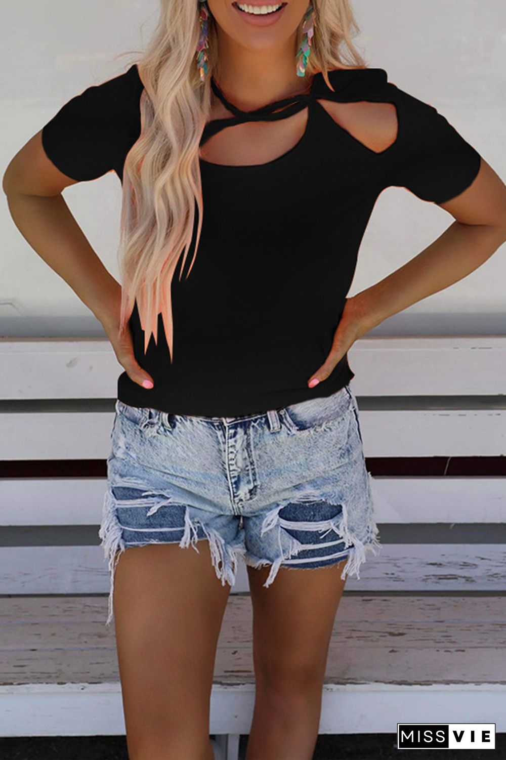 Plain Short Sleeve Cut Out T-Shirt