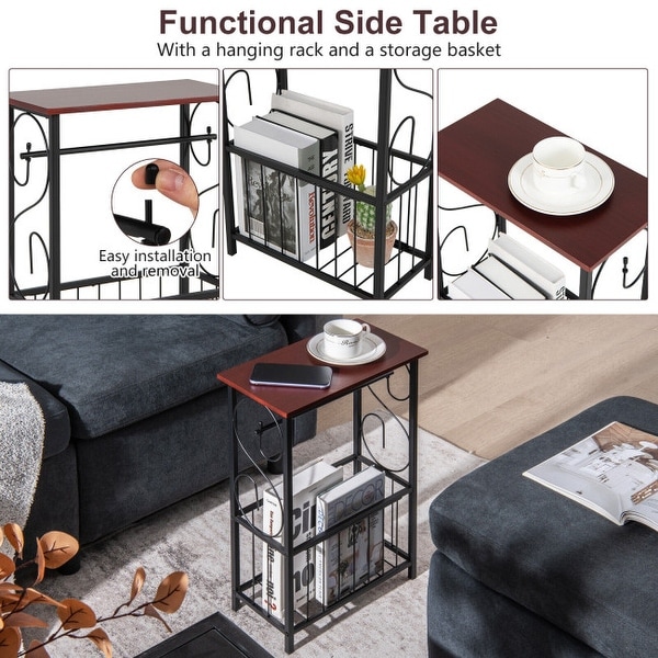 Side Sofa Narrow Table with Removable Paper Holder for Living Room-Brown - 14.5