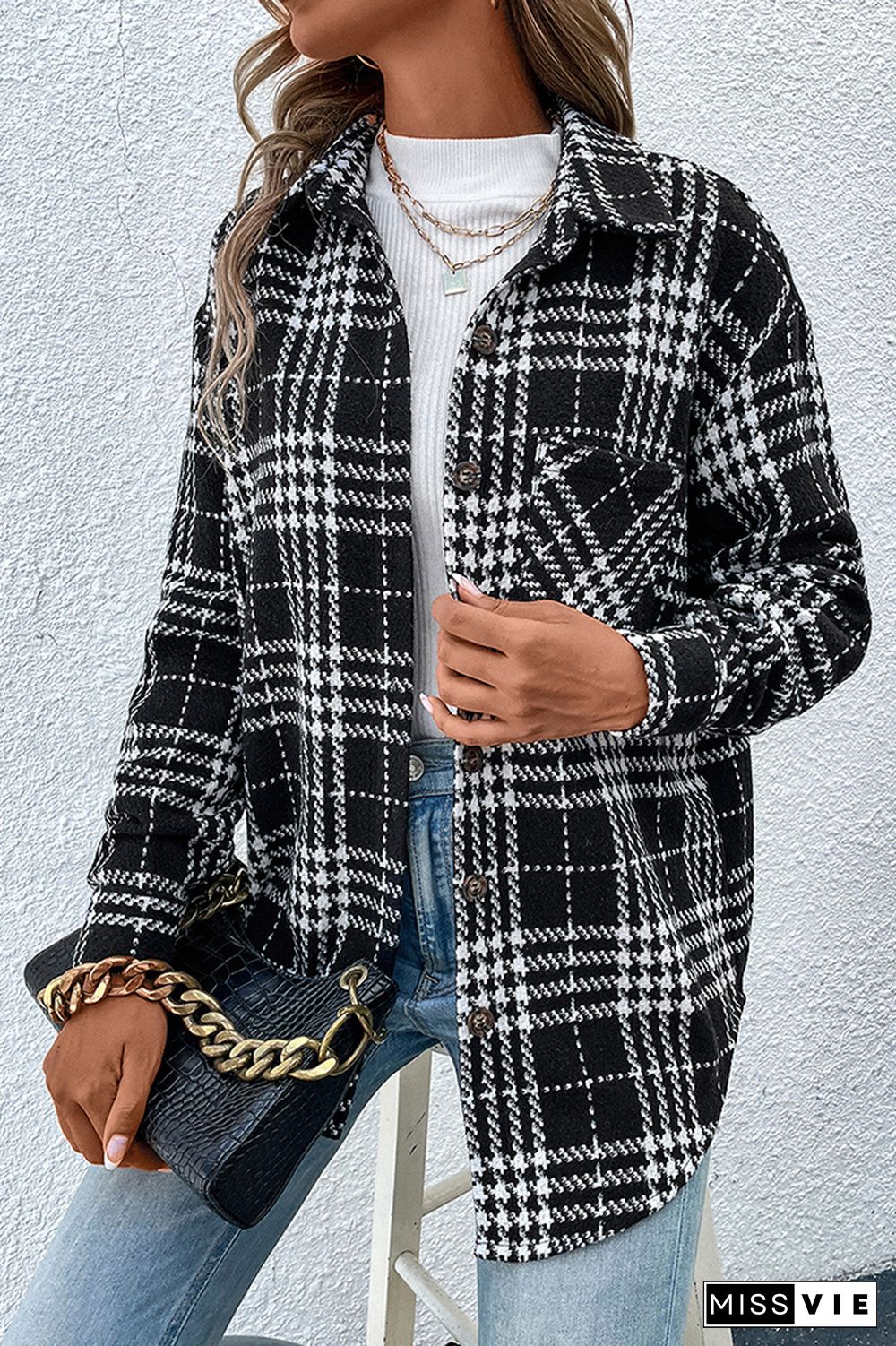 Black Plaid Pockets Button Jackets