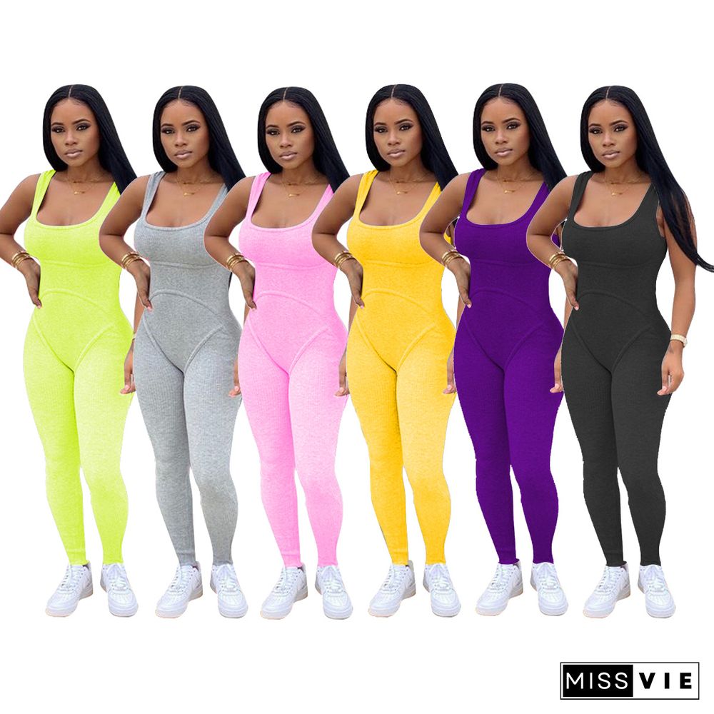 Summer Women High Waist Solid Color Vest Jumpsuits